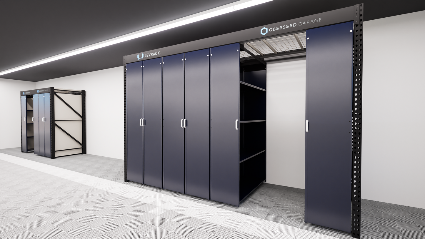 Levrack Storage Solution - Obsessed Garage Edition - Blue With Silver Handles