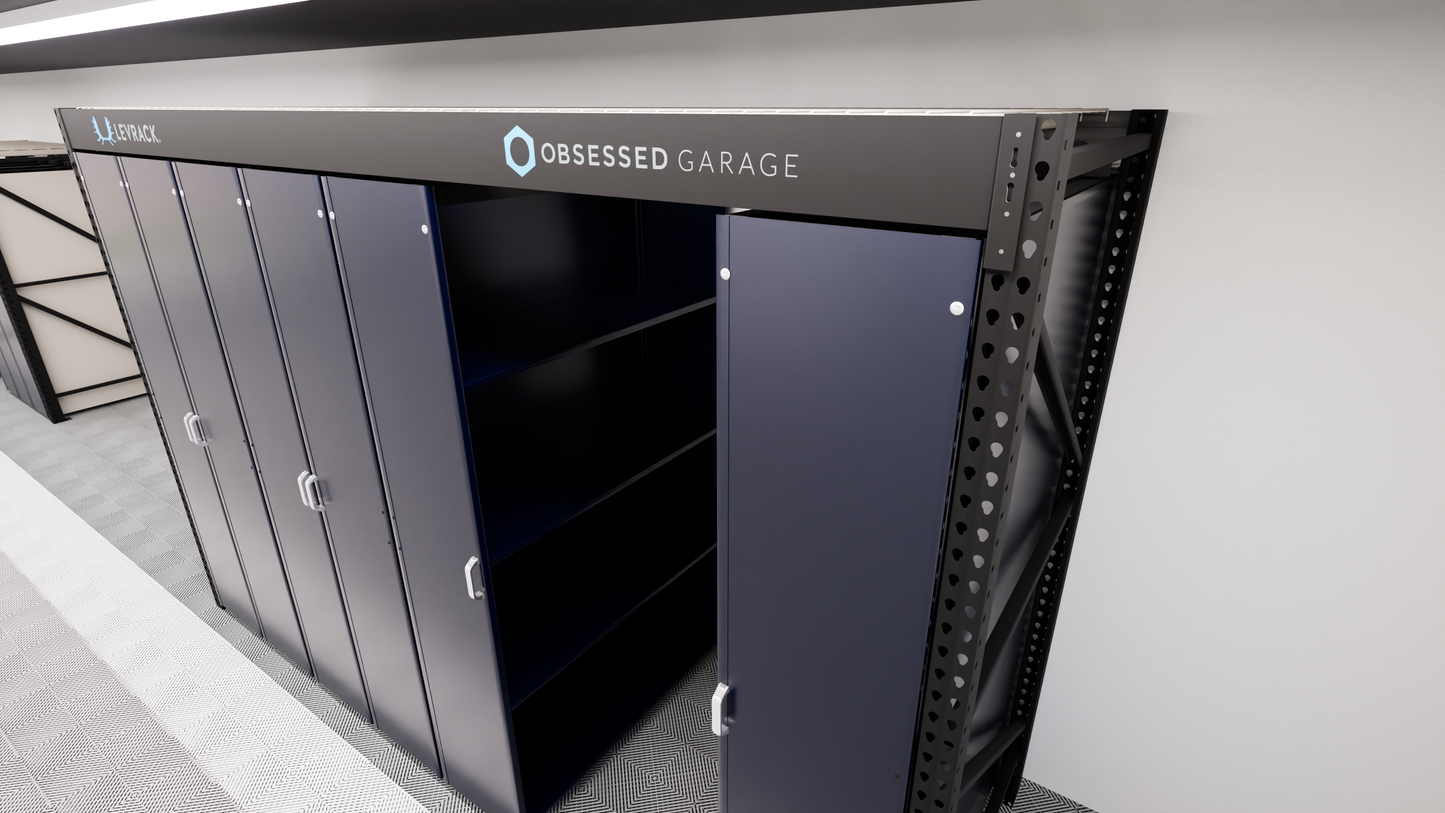 Levrack Storage Solution - Obsessed Garage Edition - Blue With Silver Handles