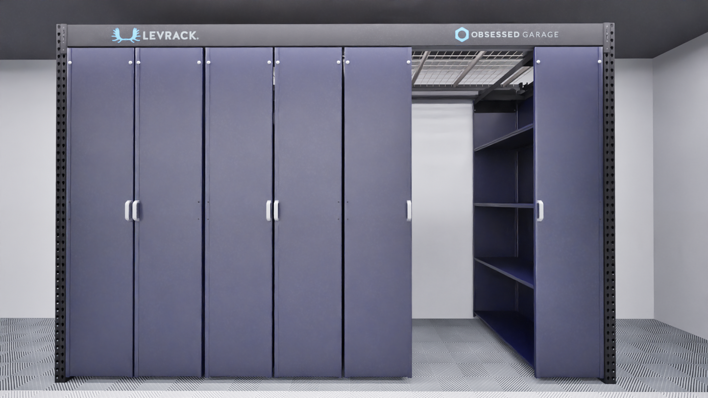 Levrack Storage Solution - Obsessed Garage Edition - Blue With Silver Handles