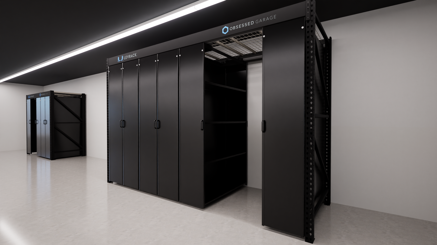 Levrack Storage Solution - Obsessed Garage Edition - Black With Black Handles