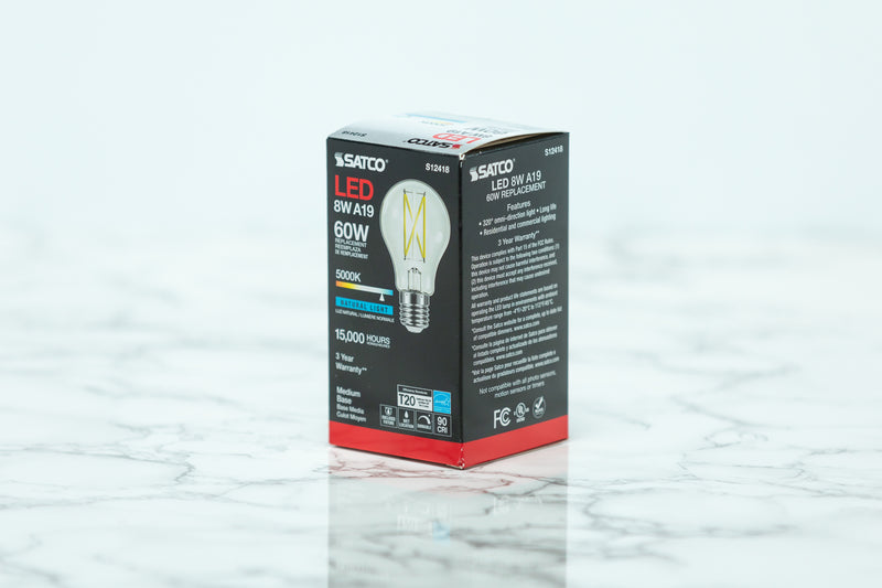 SATCO A19 Standard Clear Filament LED Light Bulbs - 3000K to 5000K, E26 ...