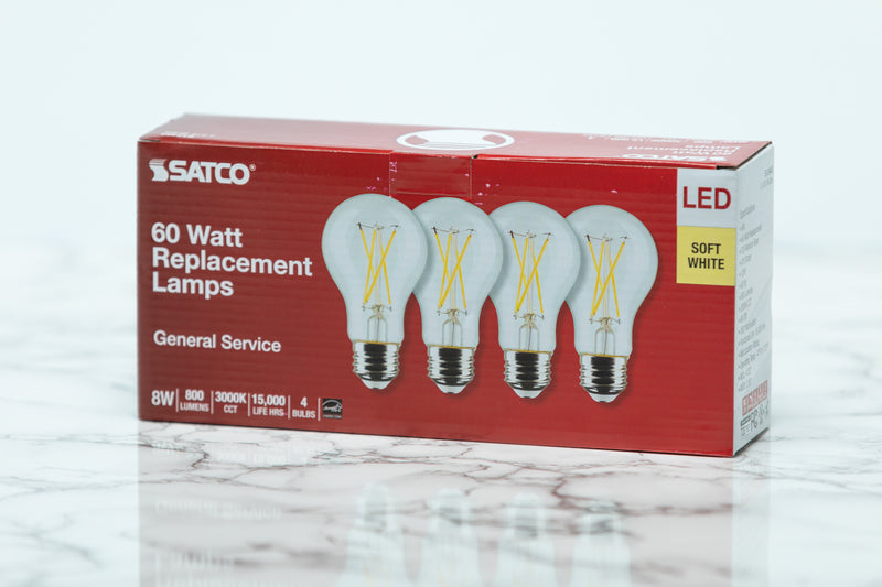 SATCO A19 Standard Clear Filament LED Light Bulbs - 3000K to 5000K, E26 ...