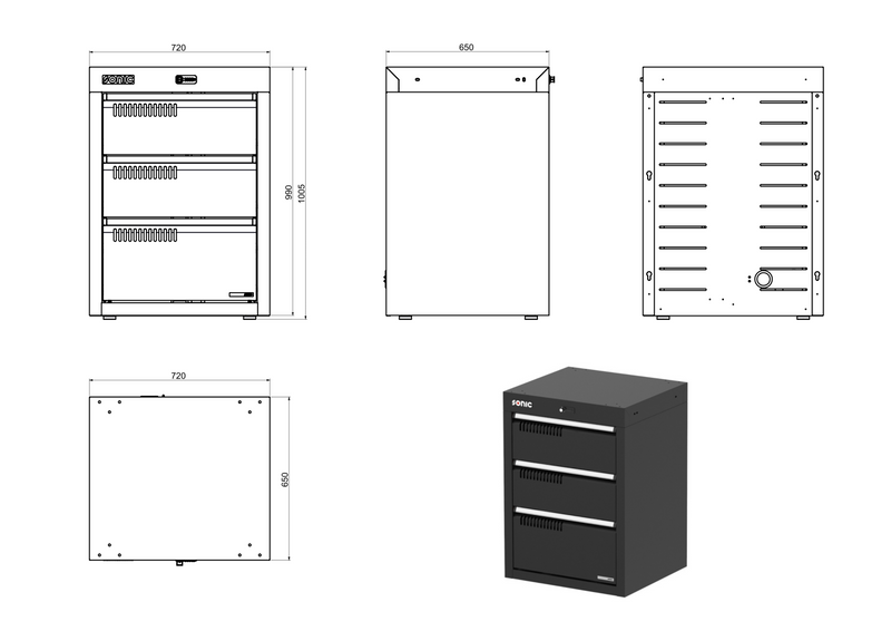 Sonic Tools MSS+ 720 Series Drawer Cabinet, 3 Drawers