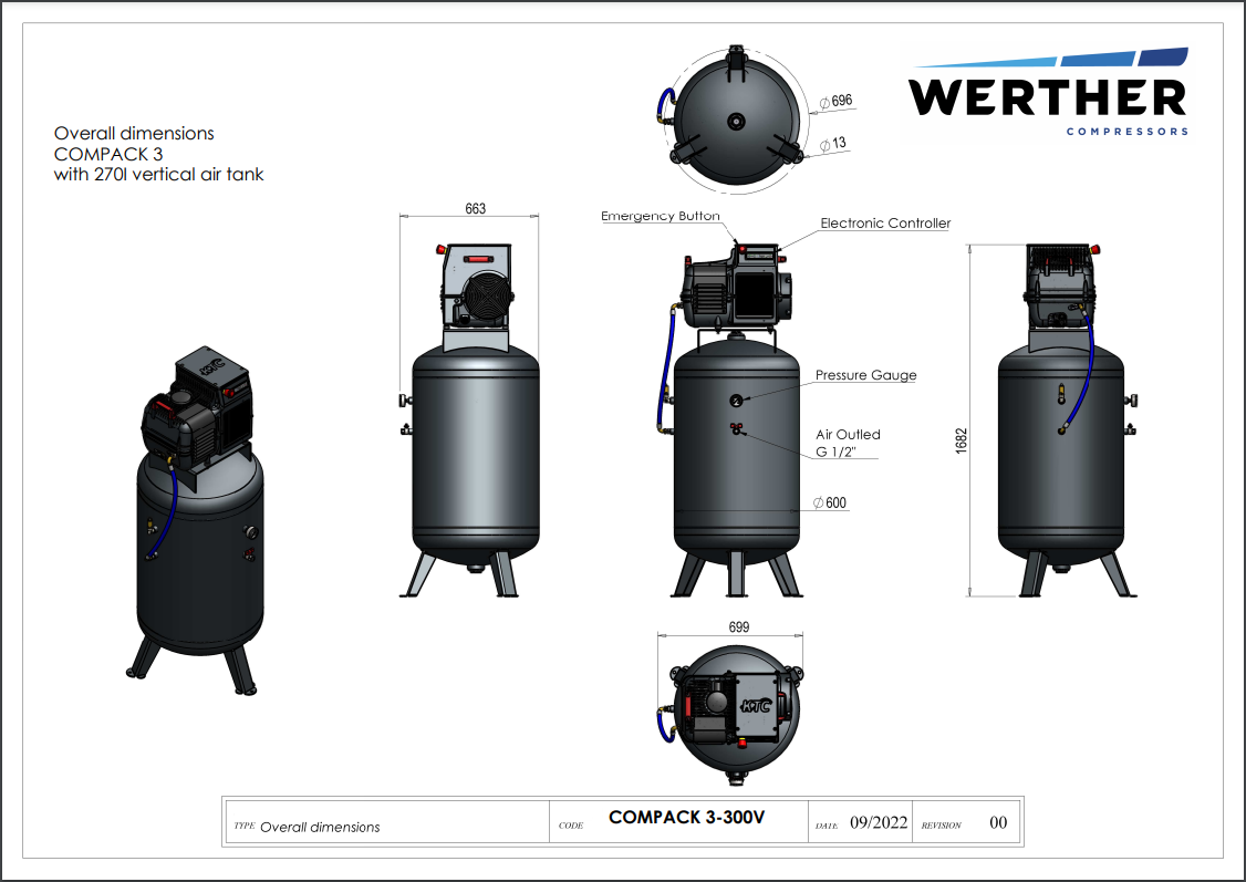 Werther KV 3/300V 3HP Rotary Screw Air Compressor